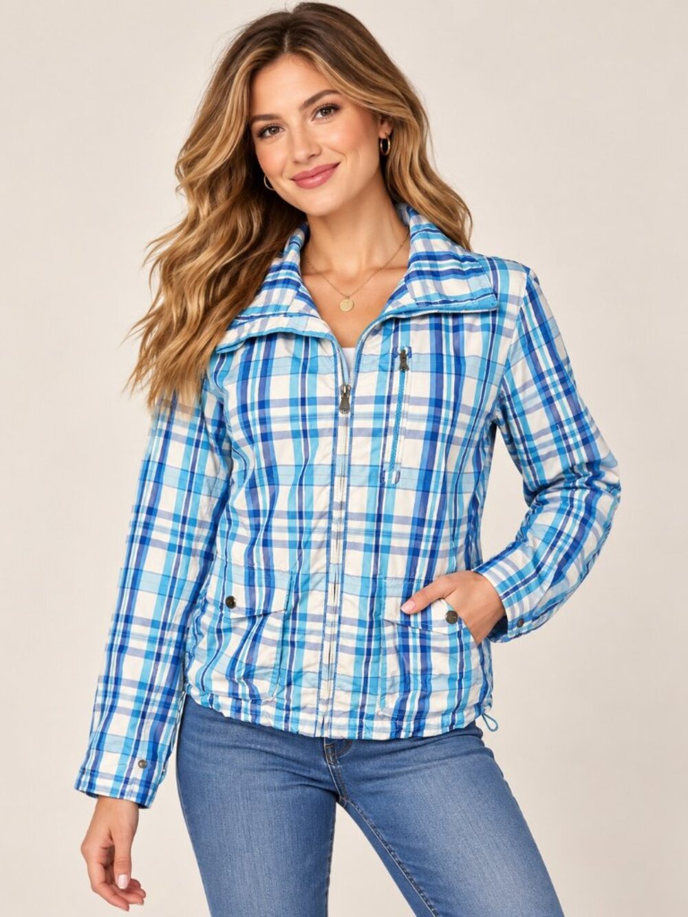 Ralph Lauren Lauren Active Womens Plaid Jacket Blue Lightweight Zip Coat Size M